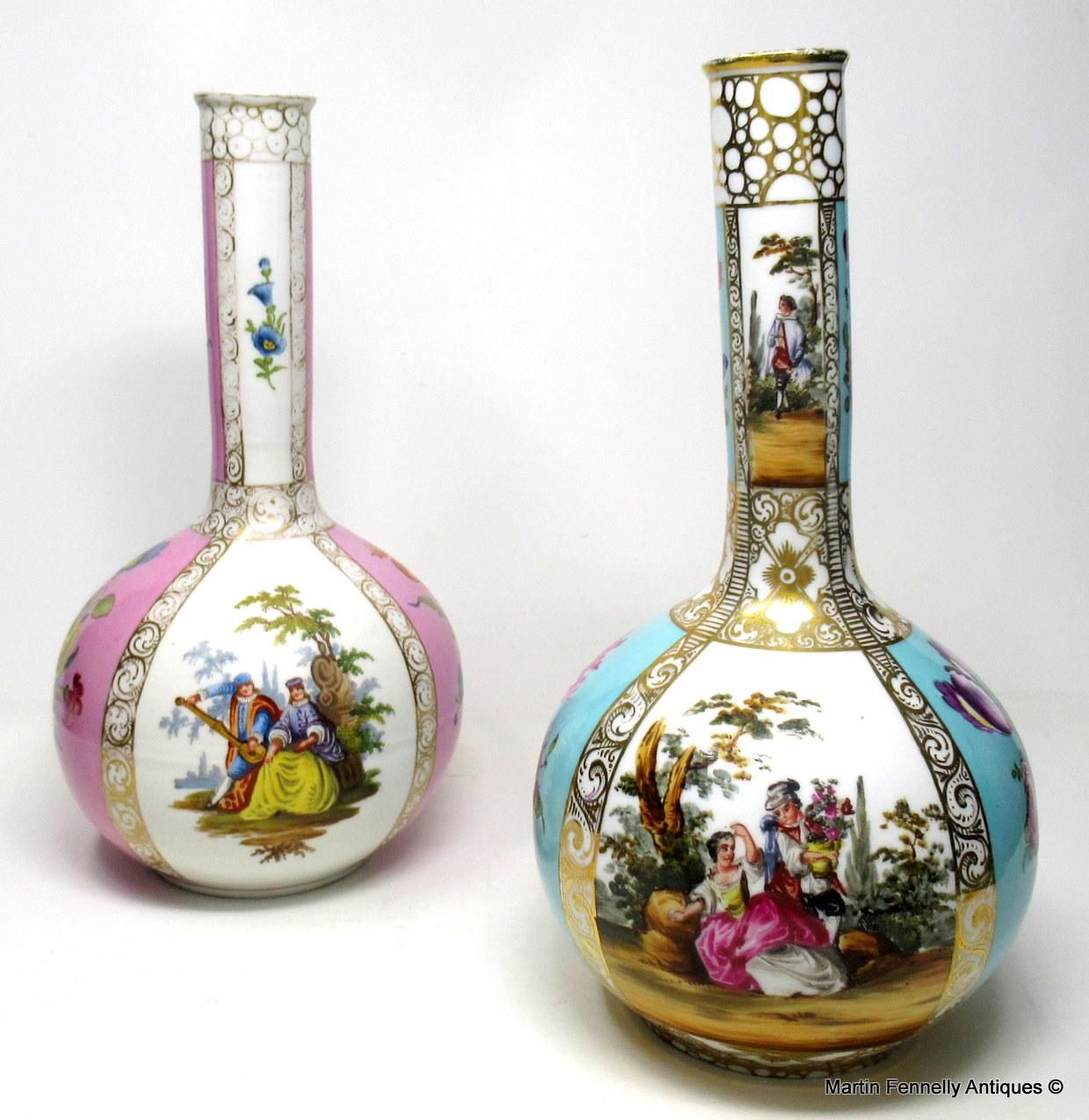 A stylish matched pair of hand painted Dresden bottle vases, last quarter of the 19th century.

Each of bulbous body form with tall slender necks, superbly hand decorated in colors with alternate panels of classical figures and floral bouquets,