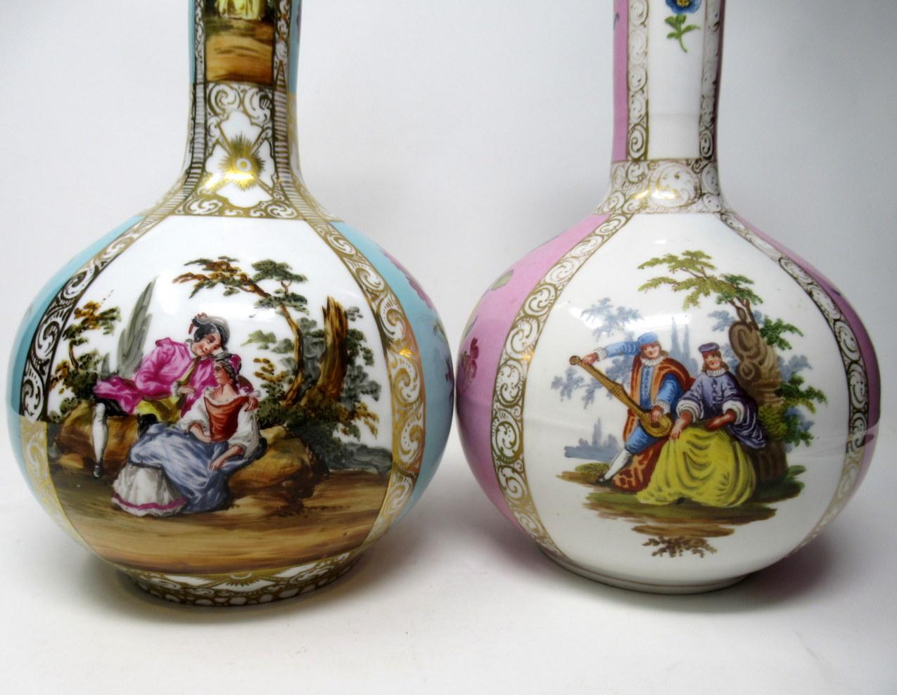 German Antique Pair of Dresden Helena Wolfson Hand Painted Bottle Vases Floral Scenes For Sale