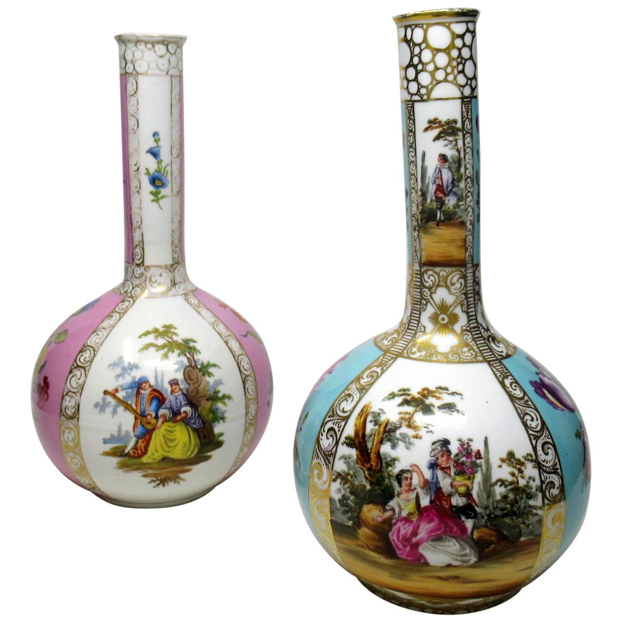 Antique Pair of Dresden Helena Wolfson Hand Painted Bottle Vases Floral Scenes For Sale
