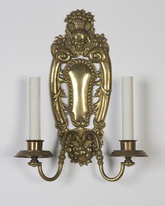 Two Arm Brass E. F. Caldwell Sconces with a Fruit and Foliate Motif, Circa 1910s