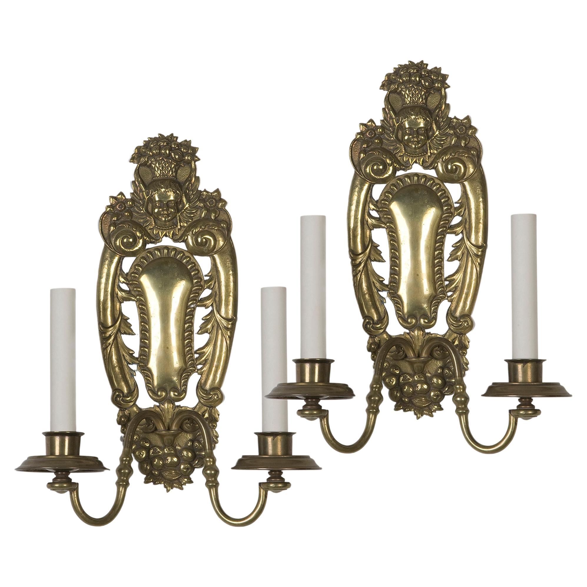 Two Arm Brass E. F. Caldwell Sconces with a Fruit and Foliate Motif, Circa 1910s For Sale