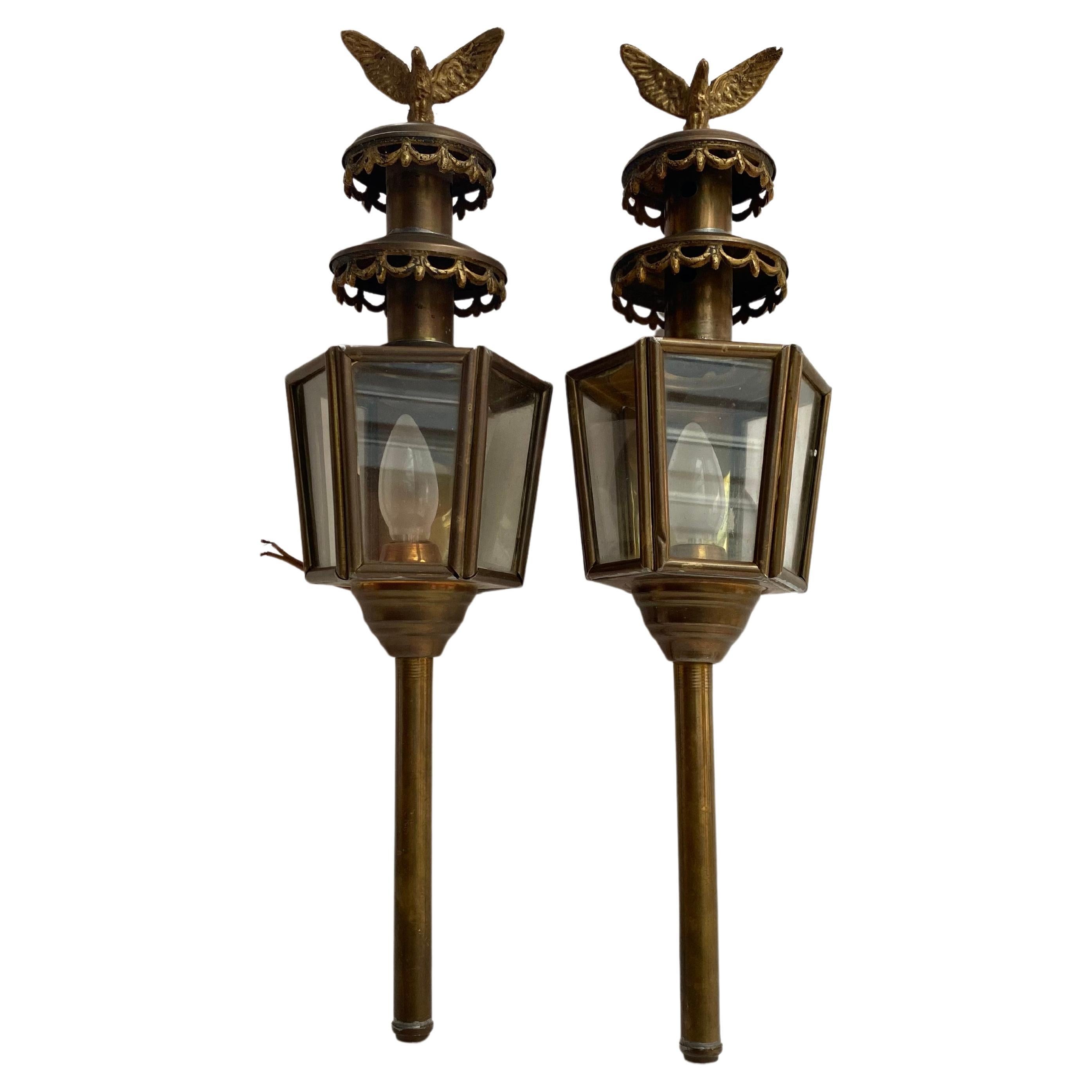 Antique Pair of Eagle Brass Carriage Wall Lanterns Belgium For Sale