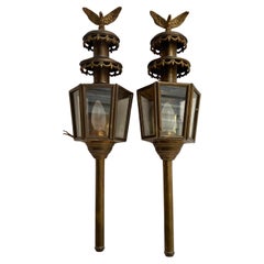 Antique Pair of Eagle Brass Carriage Wall Lanterns Belgium