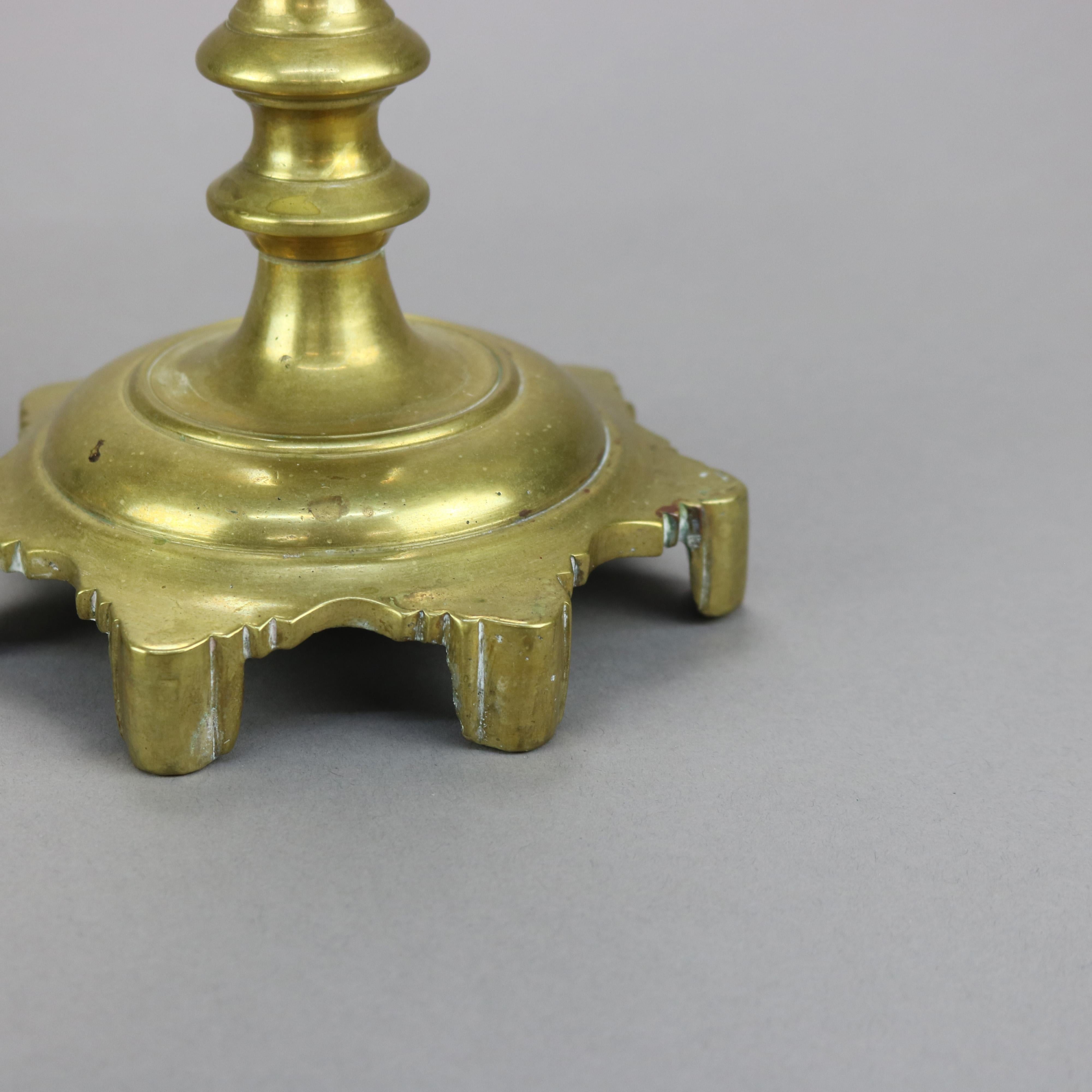 Antique Pair of Early American Brass Balustrade Footed Candlesticks 19th C For Sale 7