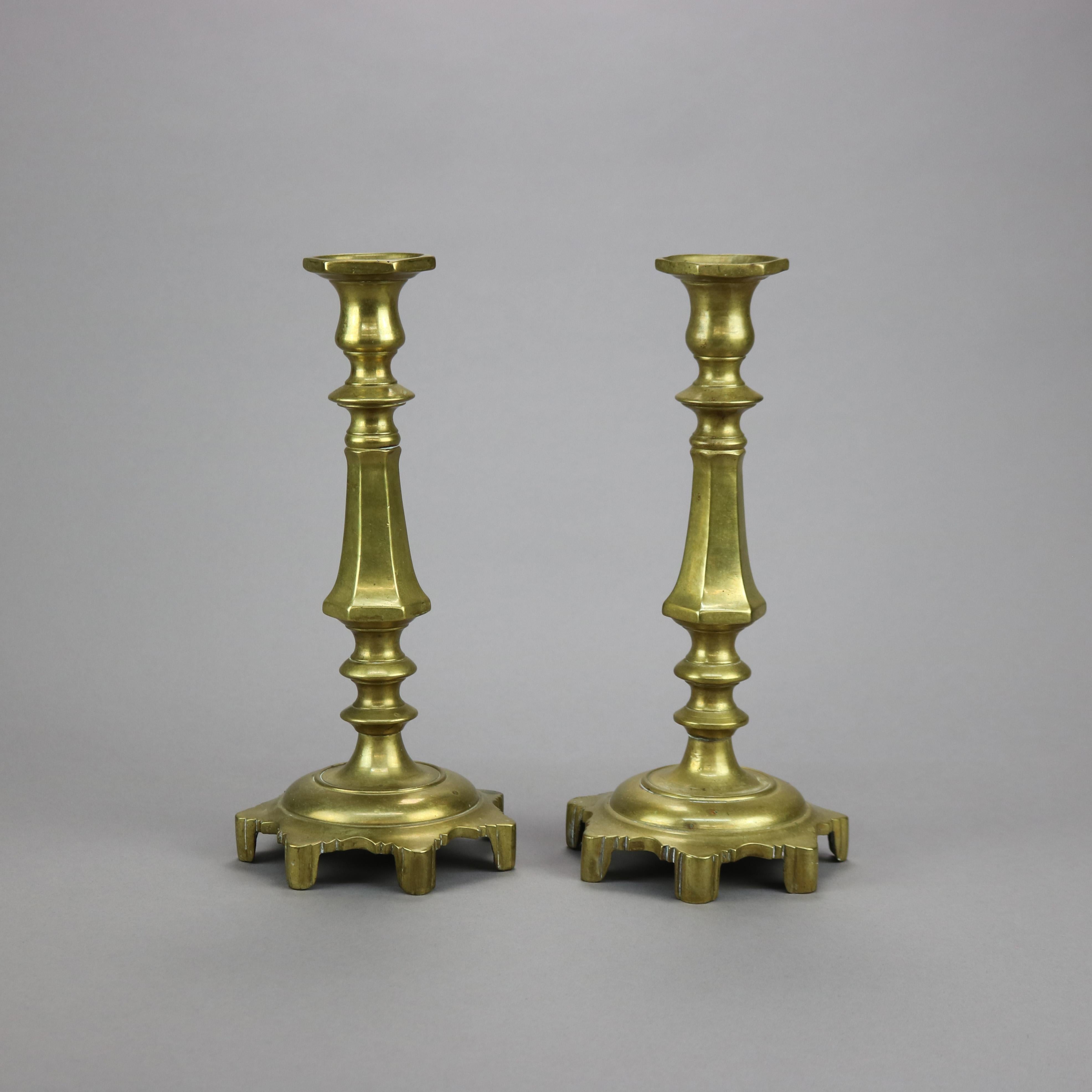 Cast Antique Pair of Early American Brass Balustrade Footed Candlesticks 19th C For Sale