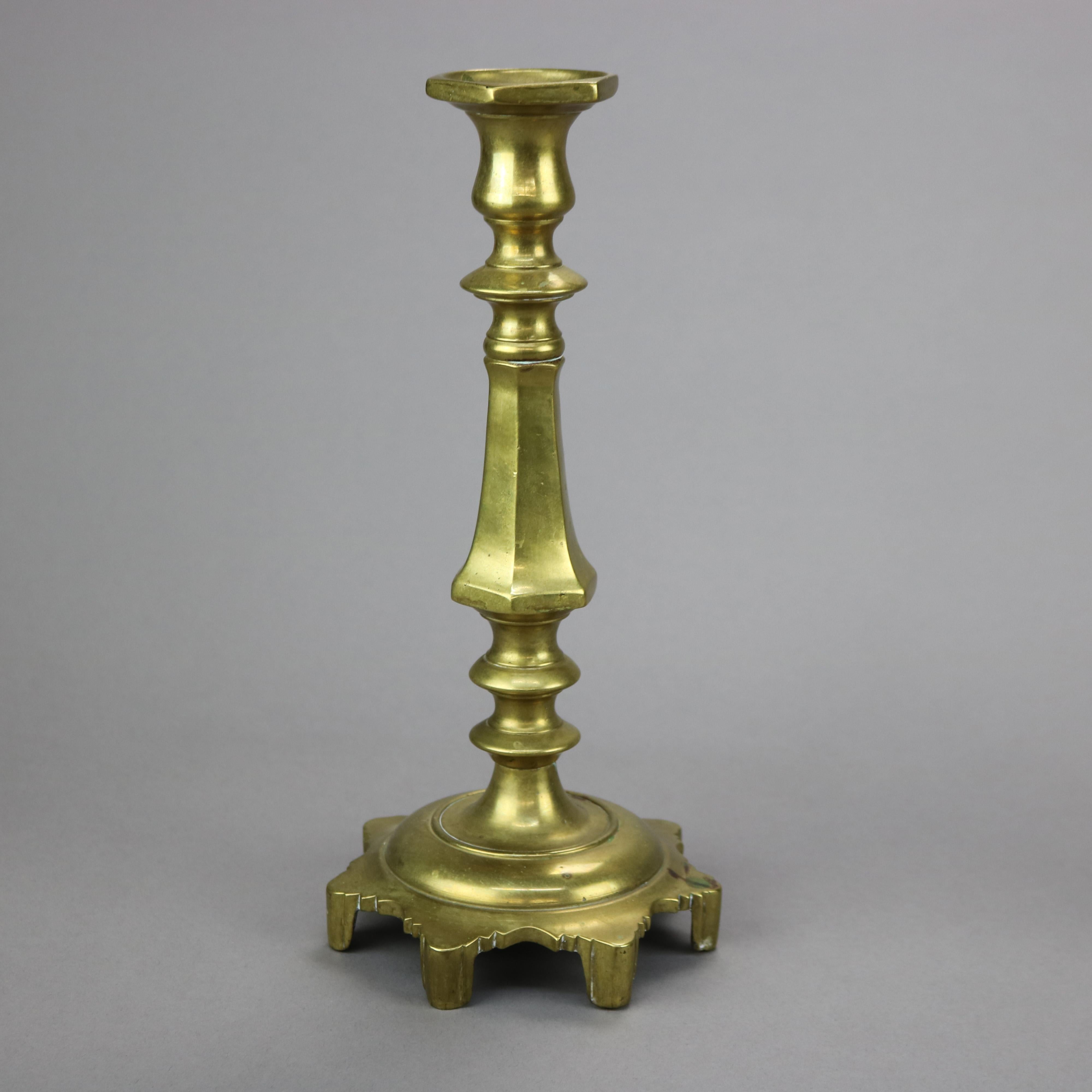19th Century Antique Pair of Early American Brass Balustrade Footed Candlesticks 19th C For Sale