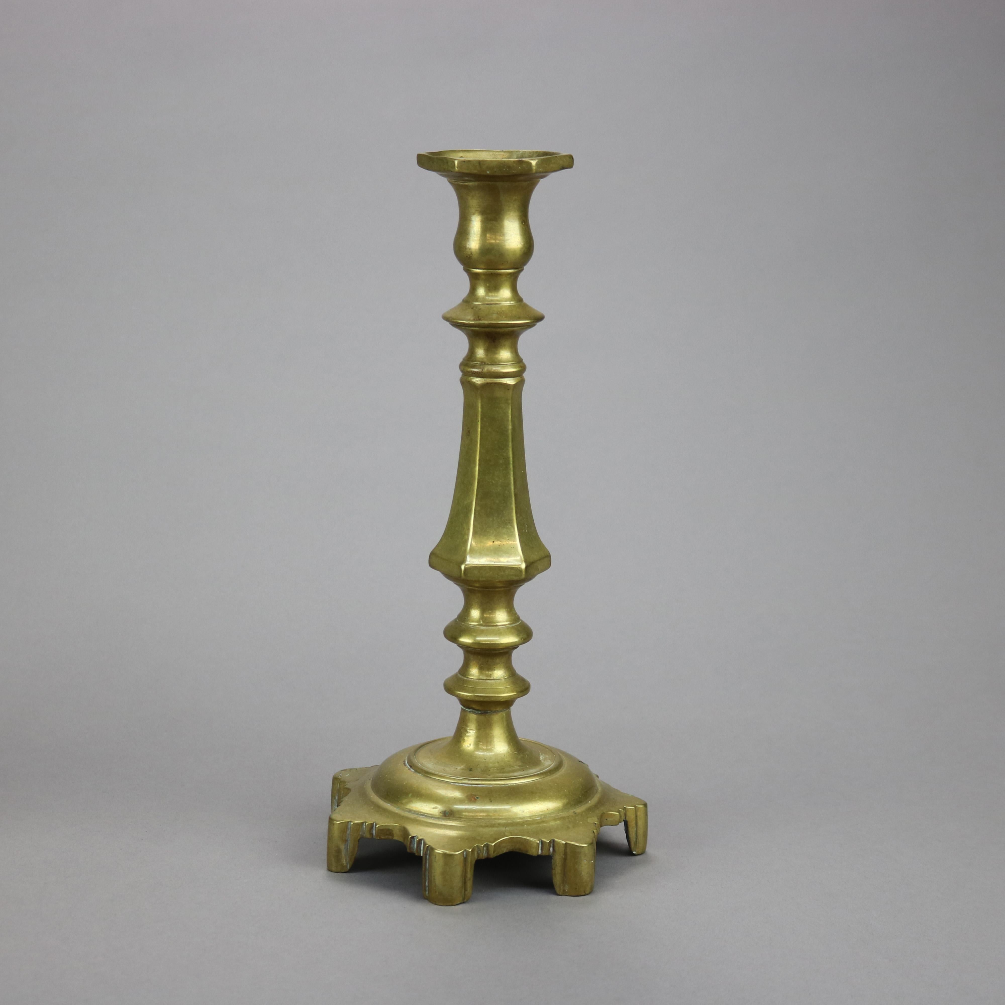 Antique Pair of Early American Brass Balustrade Footed Candlesticks 19th C For Sale 1