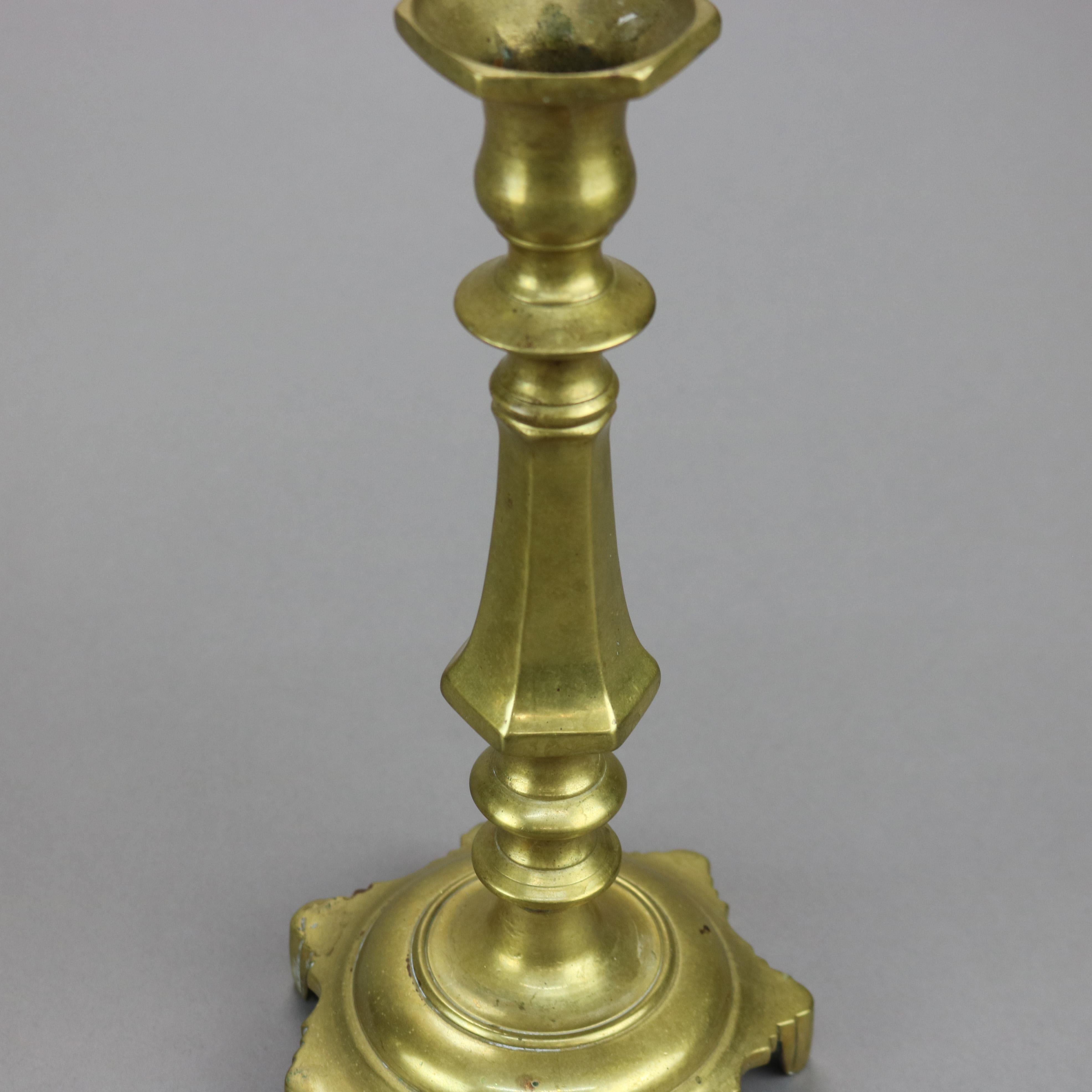 Antique Pair of Early American Brass Balustrade Footed Candlesticks 19th C For Sale 2