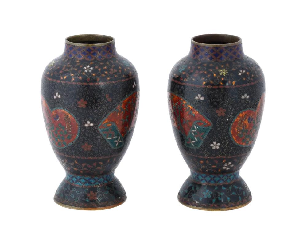 Cloissoné Antique Pair of Early Meiji Japanese Cloisonne Enamel Floral Vases For Sale