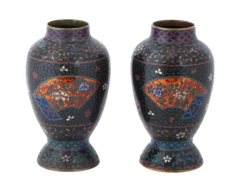 Antique Pair of Early Meiji Japanese Cloisonne Enamel Floral Vases For Sale