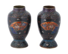 Antique Pair of Early Meiji Japanese Cloisonne Enamel Floral Vases