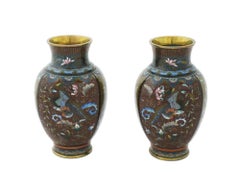 Antique Pair of Early Meiji Japanese Cloisonne Enamel Goldstone Phoenix Bird Vas