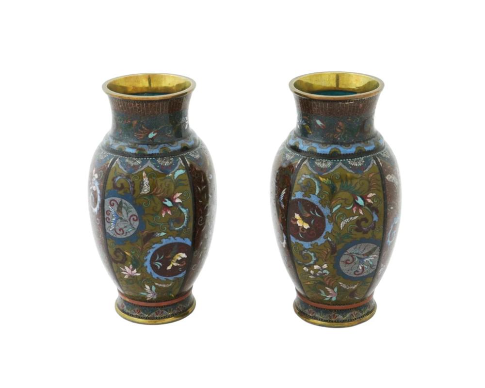 Czech Antique Pair of Early Meiji Japanese Cloisonne Enamel Goldstone Phoenix Bird Vas For Sale