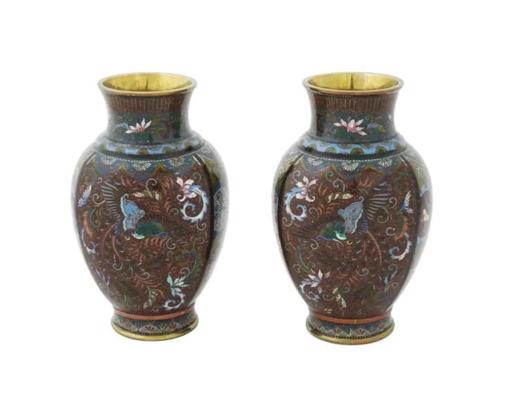 Cloissoné Antique Pair of Early Meiji Japanese Cloisonne Enamel Goldstone Phoenix Bird Vas For Sale