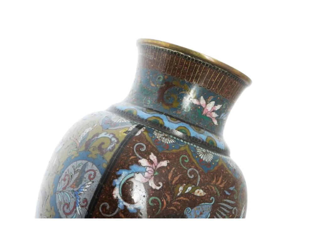Brass Antique Pair of Early Meiji Japanese Cloisonne Enamel Goldstone Phoenix Bird Vas For Sale