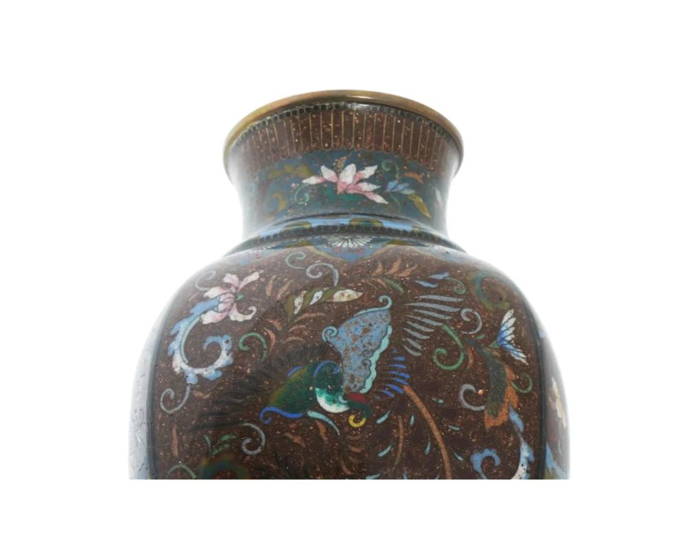 Antique Pair of Early Meiji Japanese Cloisonne Enamel Goldstone Phoenix Bird Vas For Sale 1