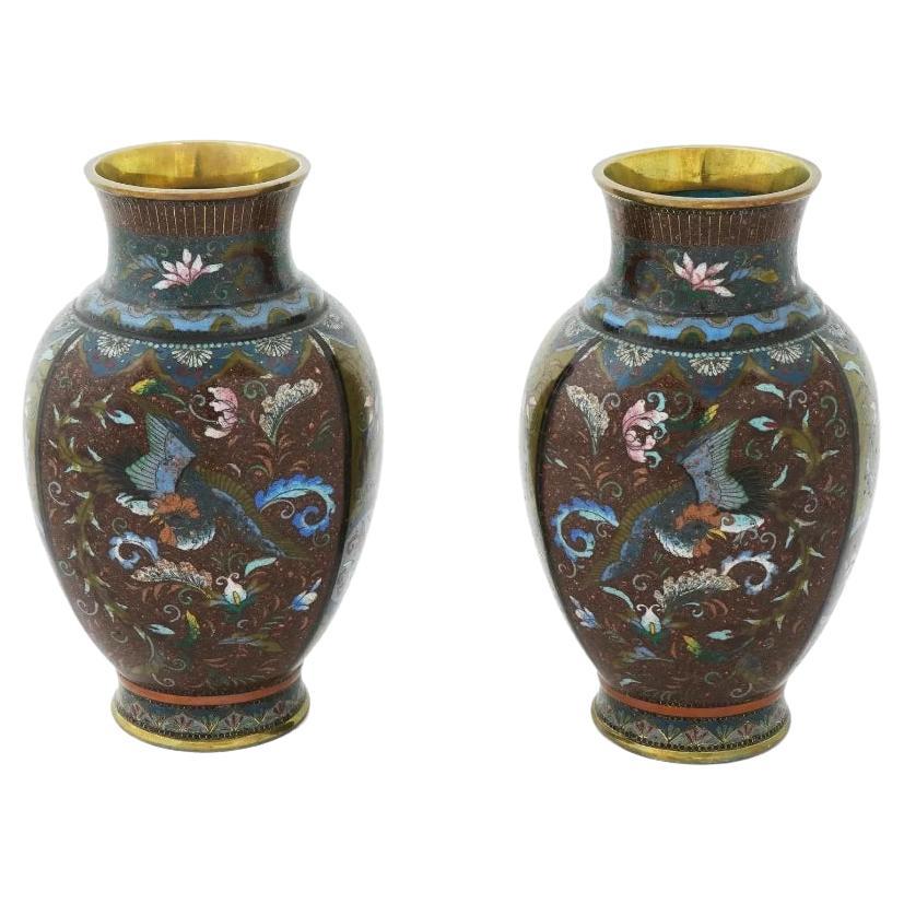 Antique Pair of Early Meiji Japanese Cloisonne Enamel Goldstone Phoenix Bird Vas For Sale