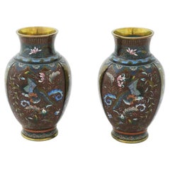 Antique Pair of Early Meiji Japanese Cloisonne Enamel Goldstone Phoenix Bird Vas