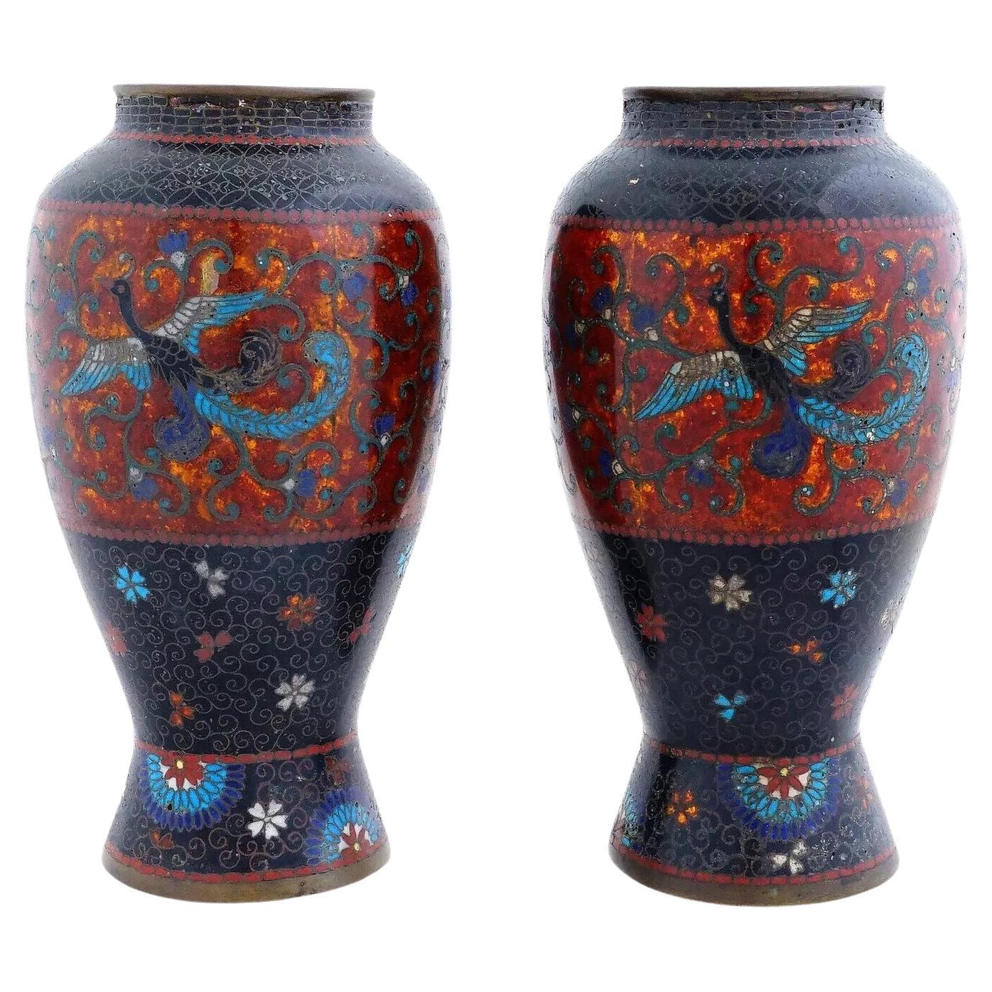 Antikes Paar japanischer Cloisonné-Emaille-Vasen aus der frühen Meiji-Zeit der Namikawa-Schule, Namikawa-Schule