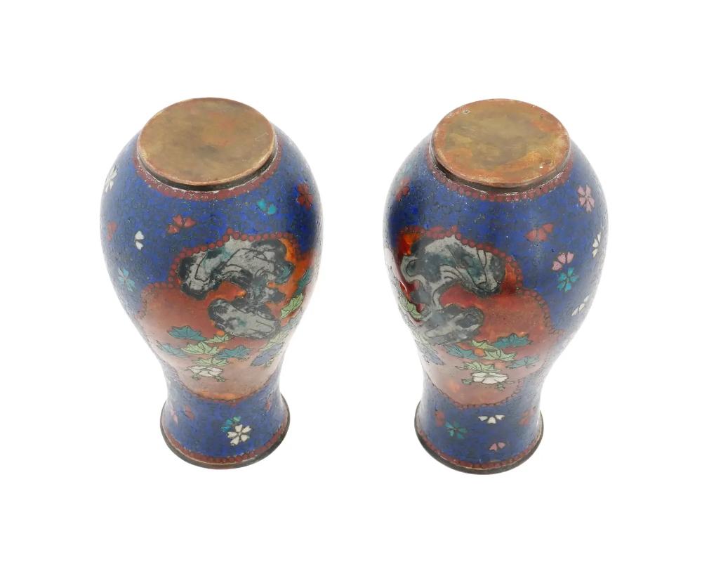 Enamel Antique Pair of Early Meiji Japanese Cloisonne Vases in the Style of Namikawa For Sale