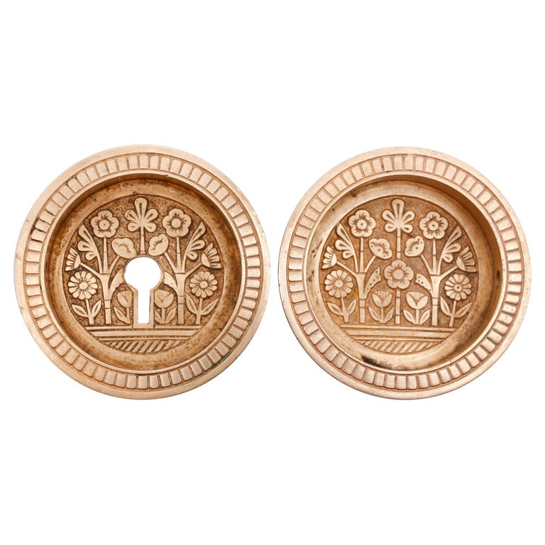 Antique Pair of Eastlake Bronze Pocket Door Pulls Round w/ Floral