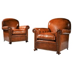 Antique Pair of Edwardian Leather Upholstered Club Chairs