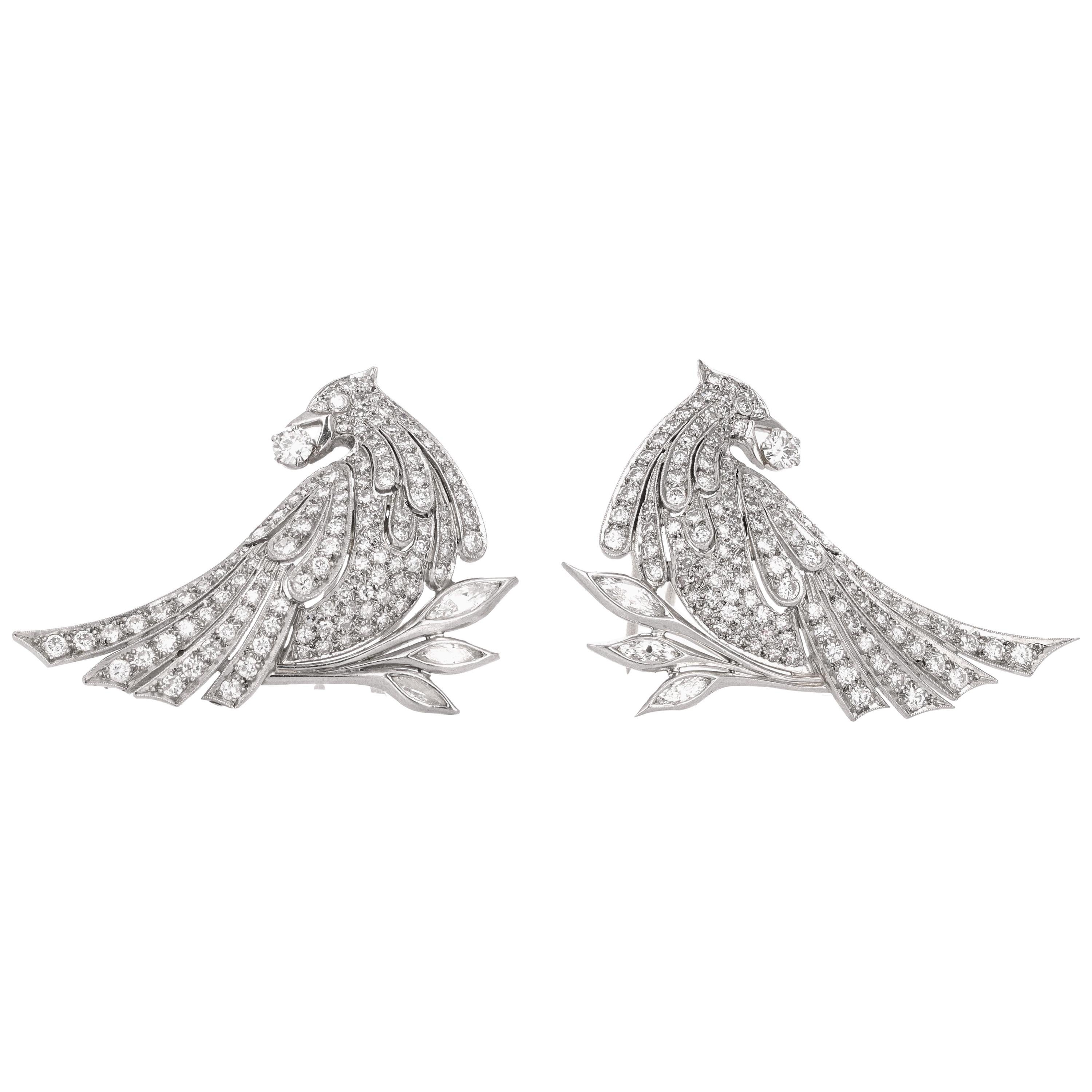 Antique Pair of Edwardian Style Diamond Bird Brooches/ Lapel Clips