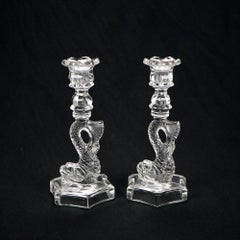 Antique Pair of Elegant Glass Figural Dolphin Candlesticks, circa 1930