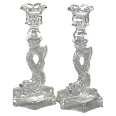 Antique Pair of Elegant Glass Figural Dolphin Candlesticks, circa 1930