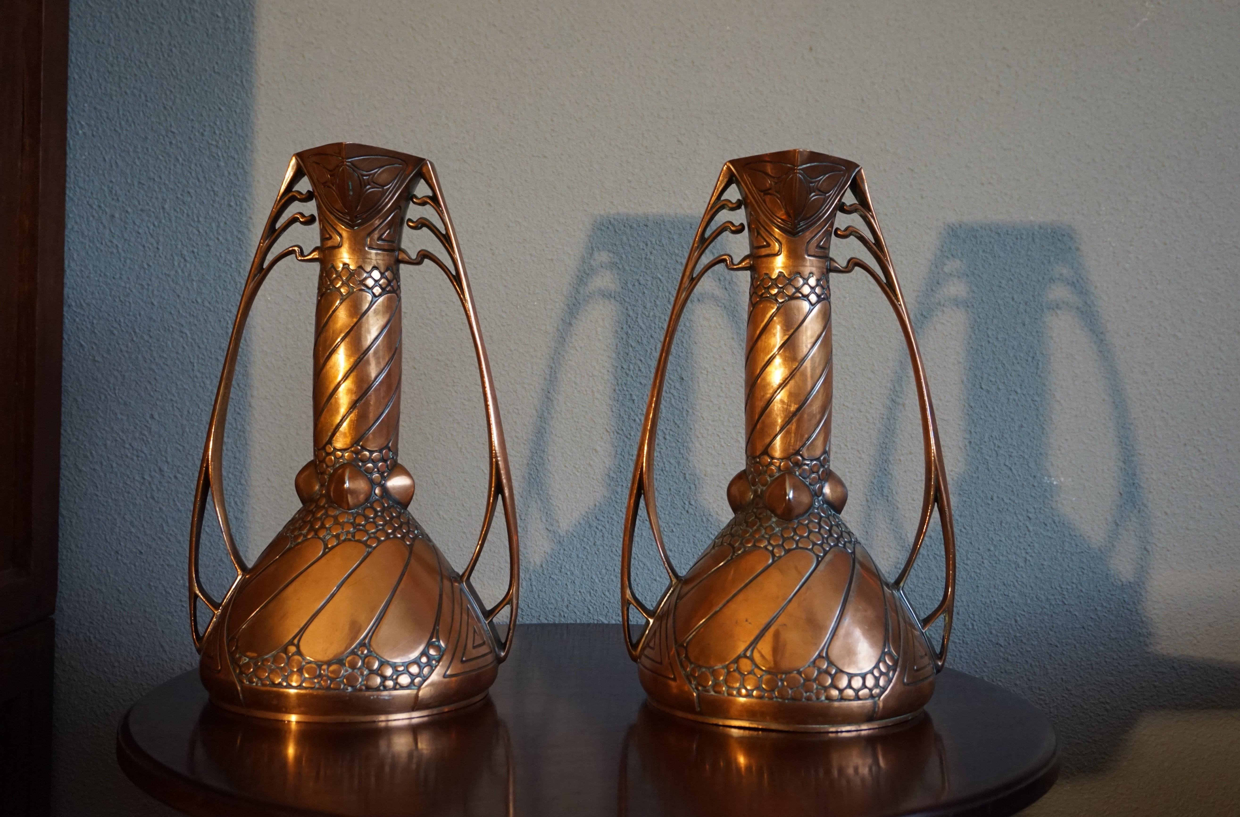 Antique Pair of Embossed Copper Arts and Crafts Vases by Carl Deffner, Germany 5