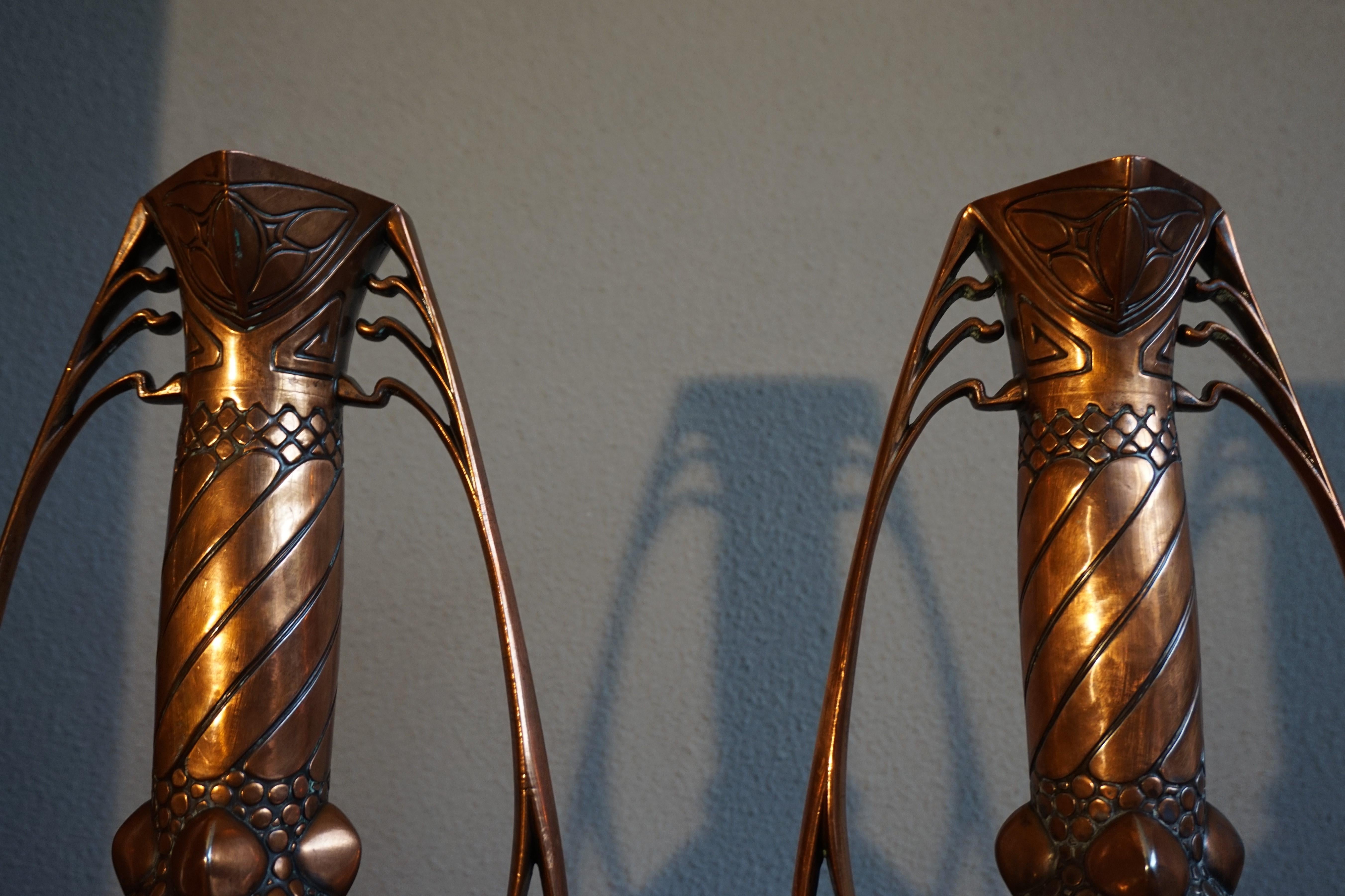Antique Pair of Embossed Copper Arts and Crafts Vases by Carl Deffner, Germany 6