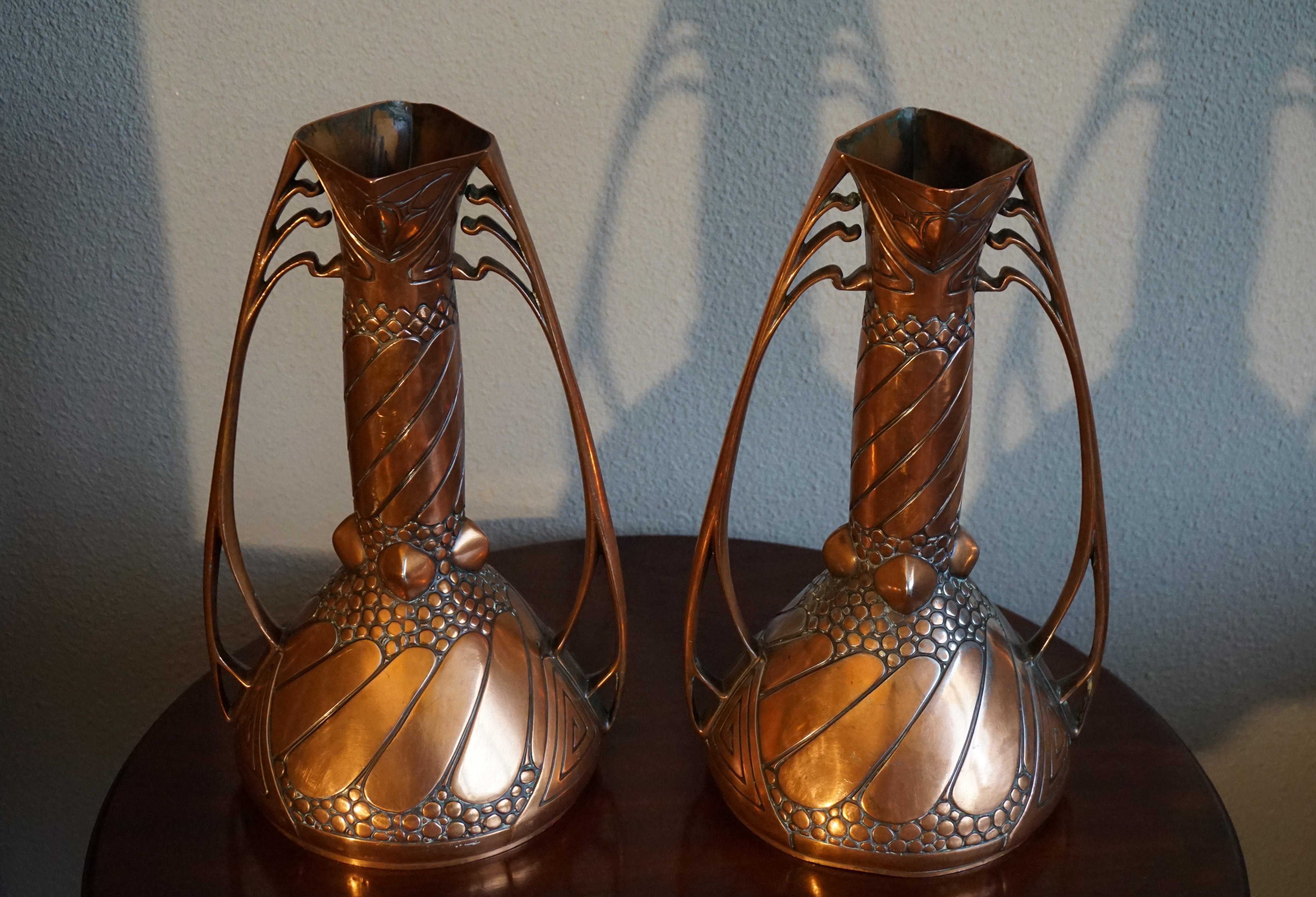 Antique Pair of Embossed Copper Arts and Crafts Vases by Carl Deffner, Germany 13