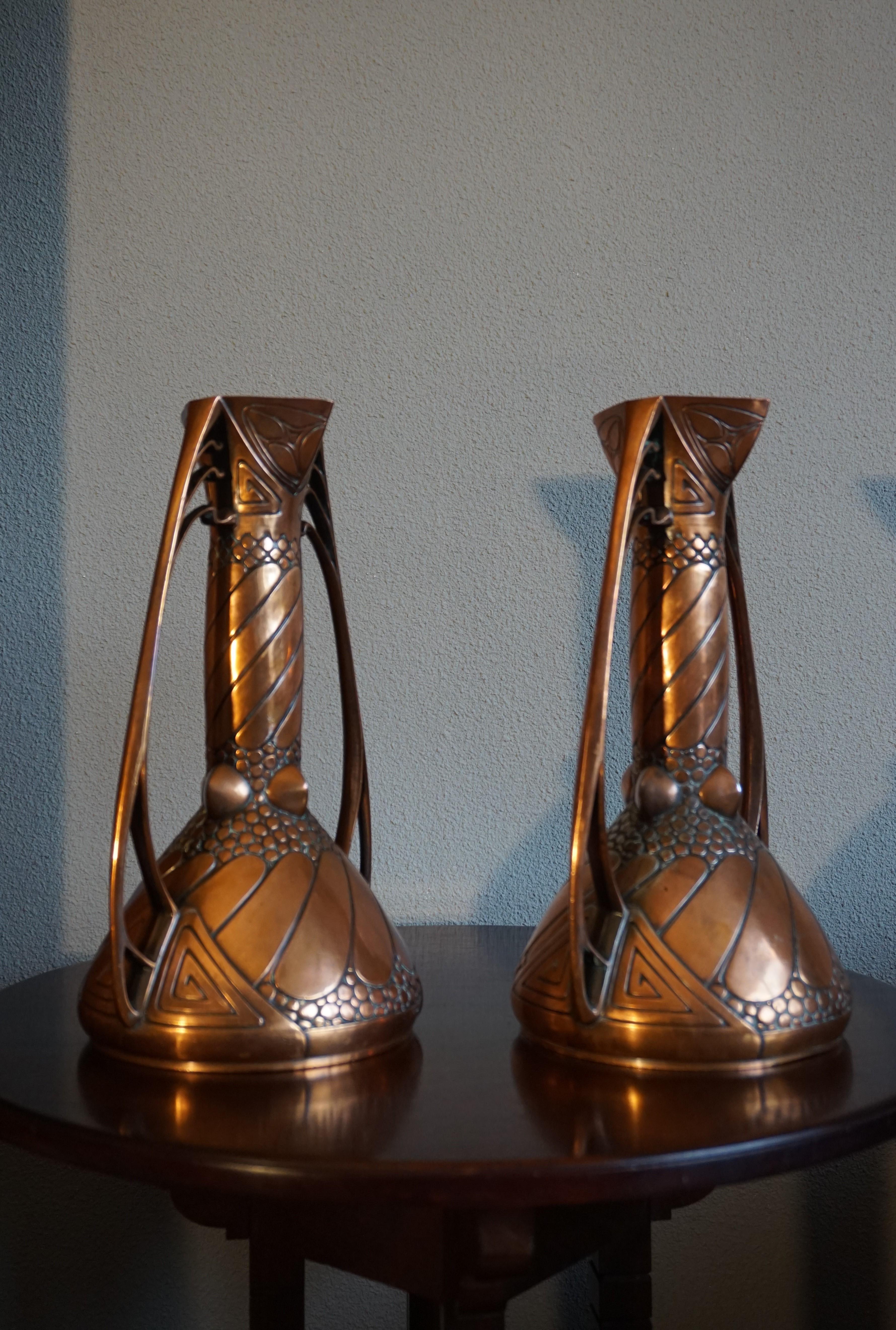 20th Century Antique Pair of Embossed Copper Arts and Crafts Vases by Carl Deffner, Germany