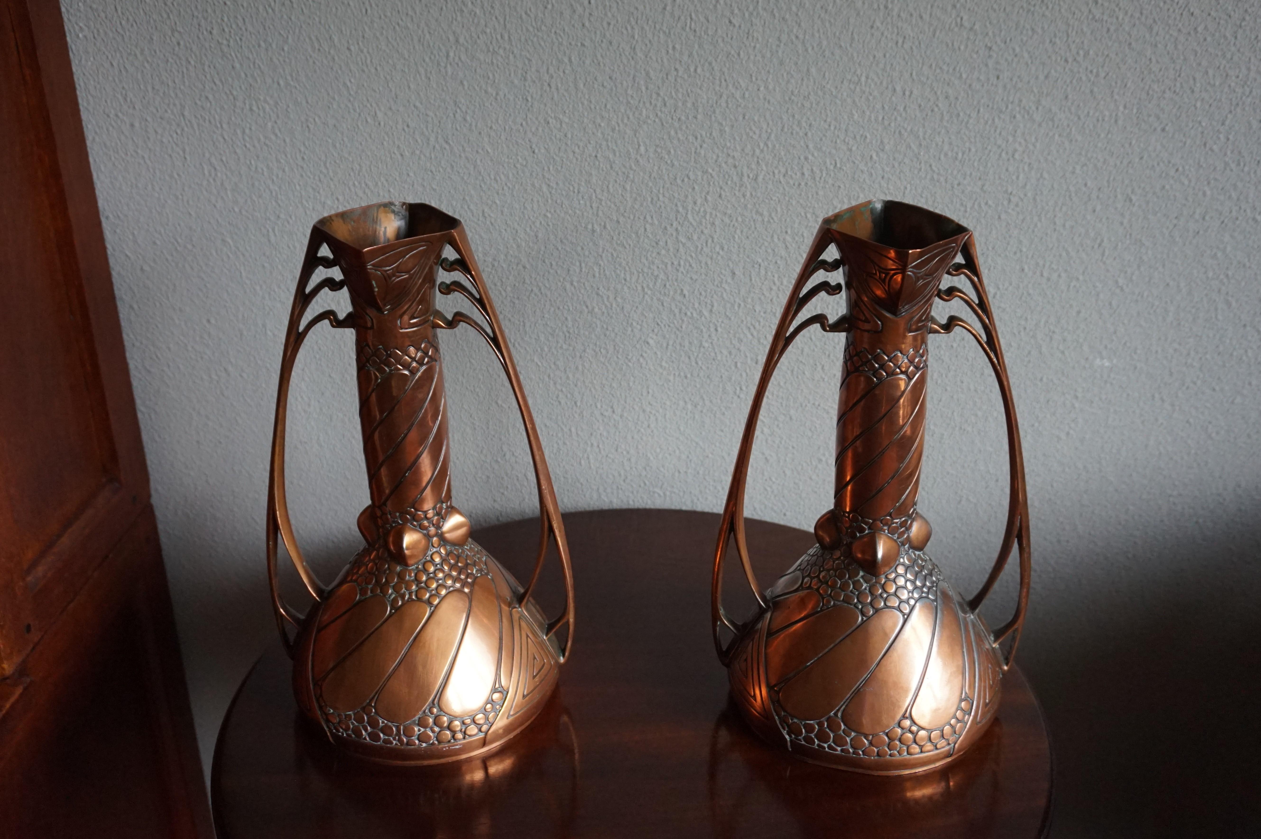 Antique Pair of Embossed Copper Arts and Crafts Vases by Carl Deffner, Germany 1