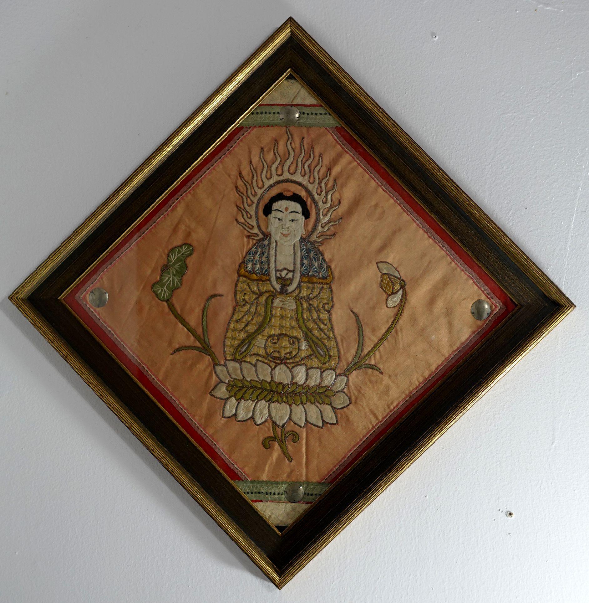 Hand-Crafted Antique Pair of Embroidered Panels of Buddhas For Sale