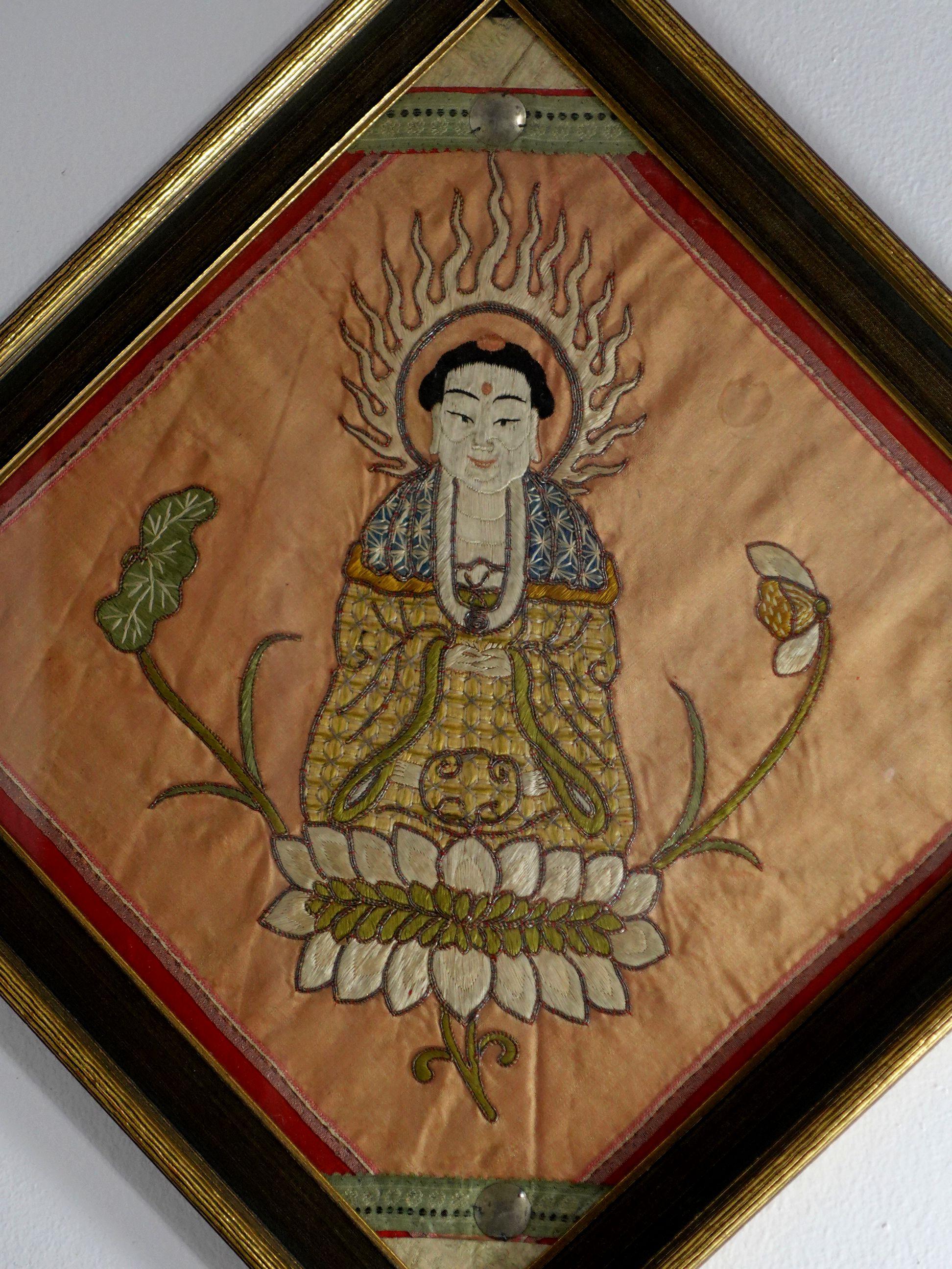 Antique Pair of Embroidered Panels of Buddhas In Good Condition For Sale In Norton, MA