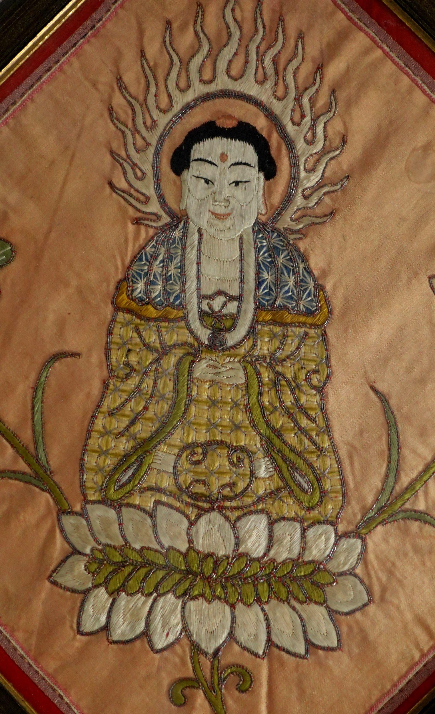 Antique Pair of Embroidered Panels of Buddhas For Sale 1