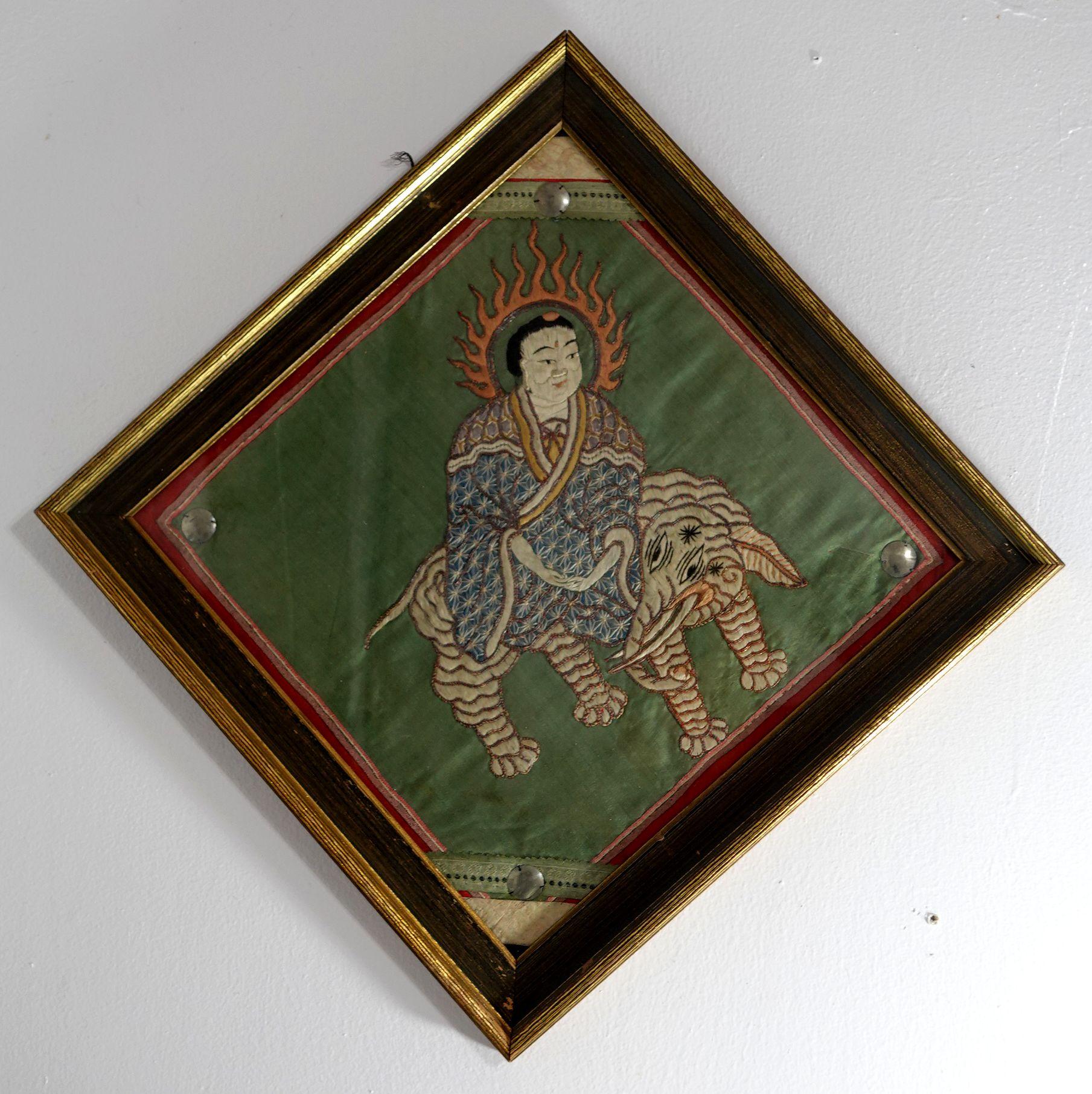 Antique Pair of Embroidered Panels of Buddhas For Sale 4