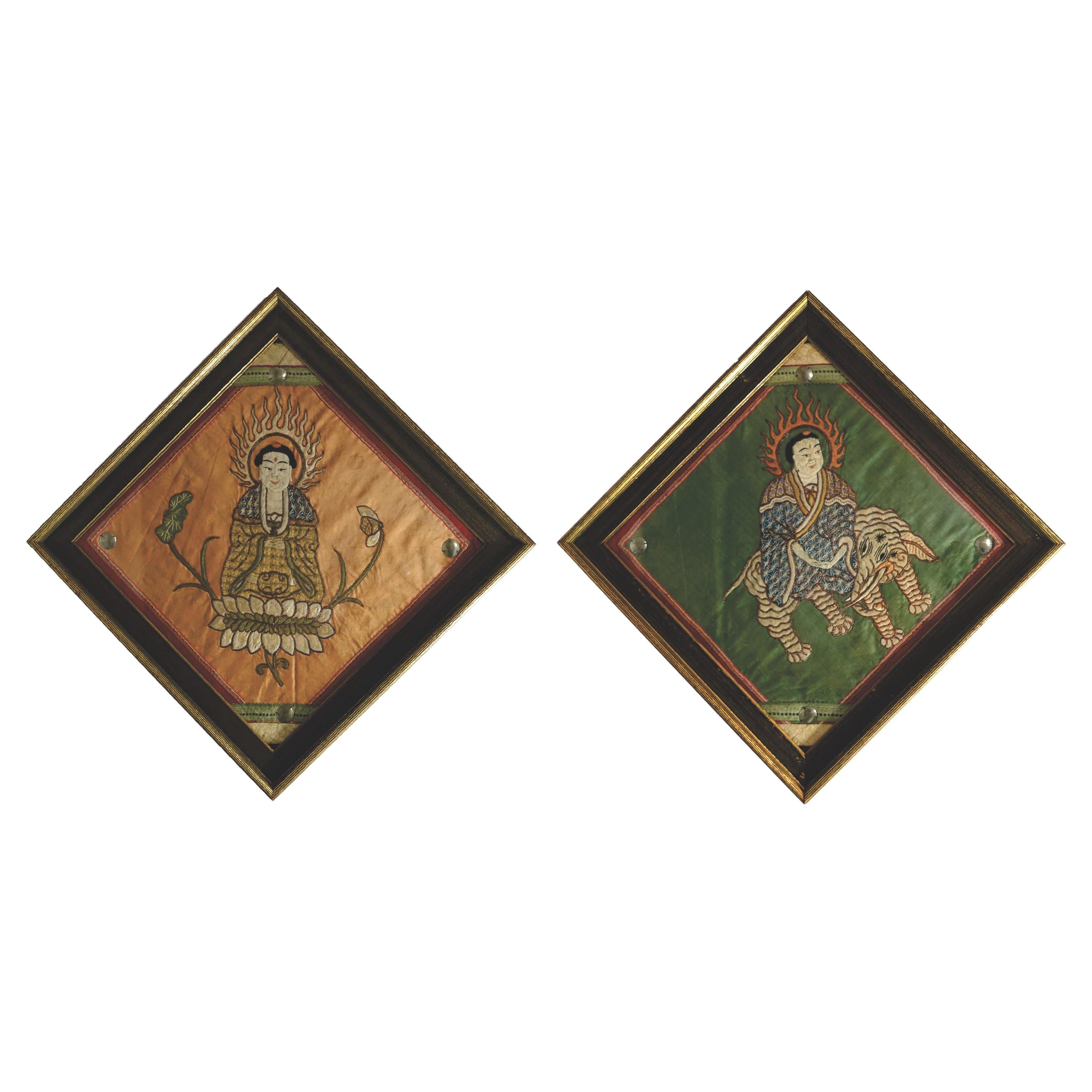 Antique Pair of Embroidered Panels of Buddhas For Sale