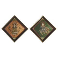 Antique Pair of Embroidered Panels of Buddhas