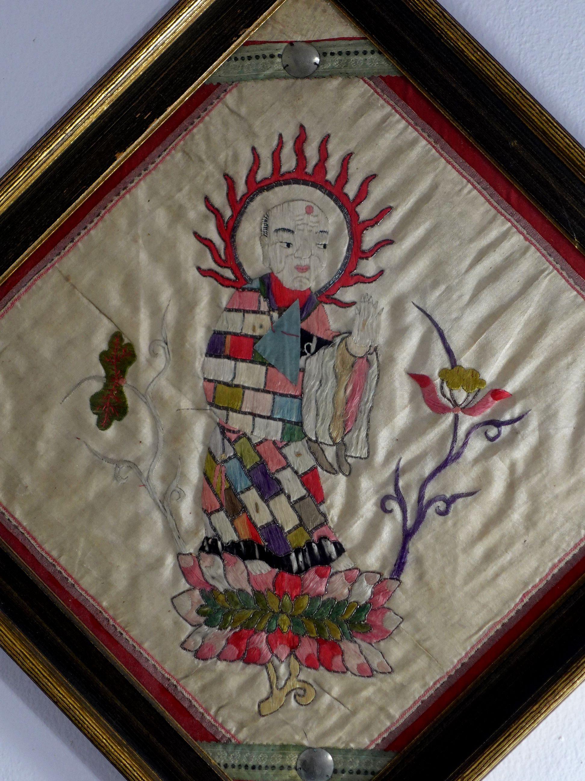 Antique Pair of Embroidered Panels of Buddhist Saint 'Lohans' For Sale 6