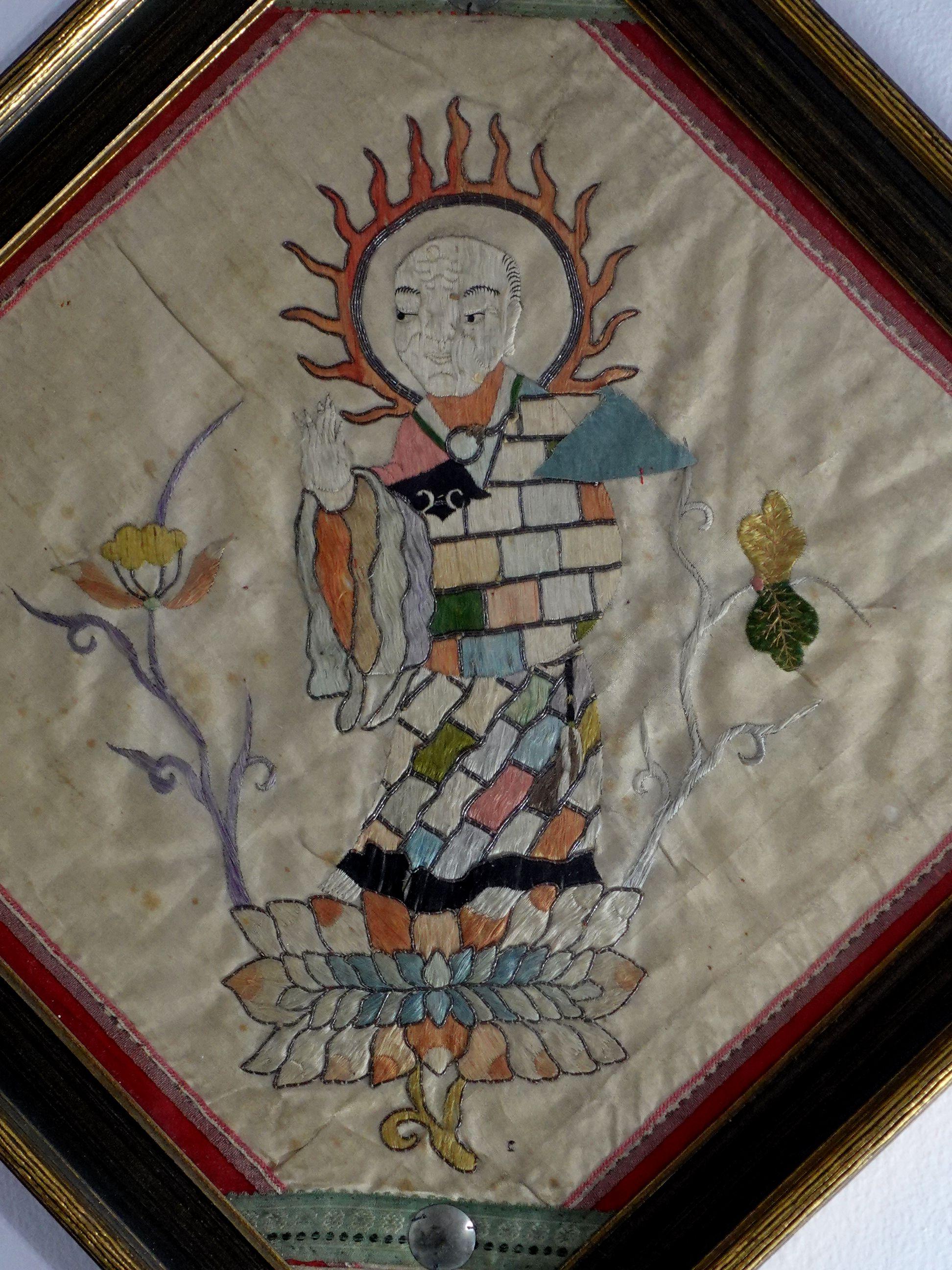 Hand-Crafted Antique Pair of Embroidered Panels of Buddhist Saint 'Lohans' For Sale