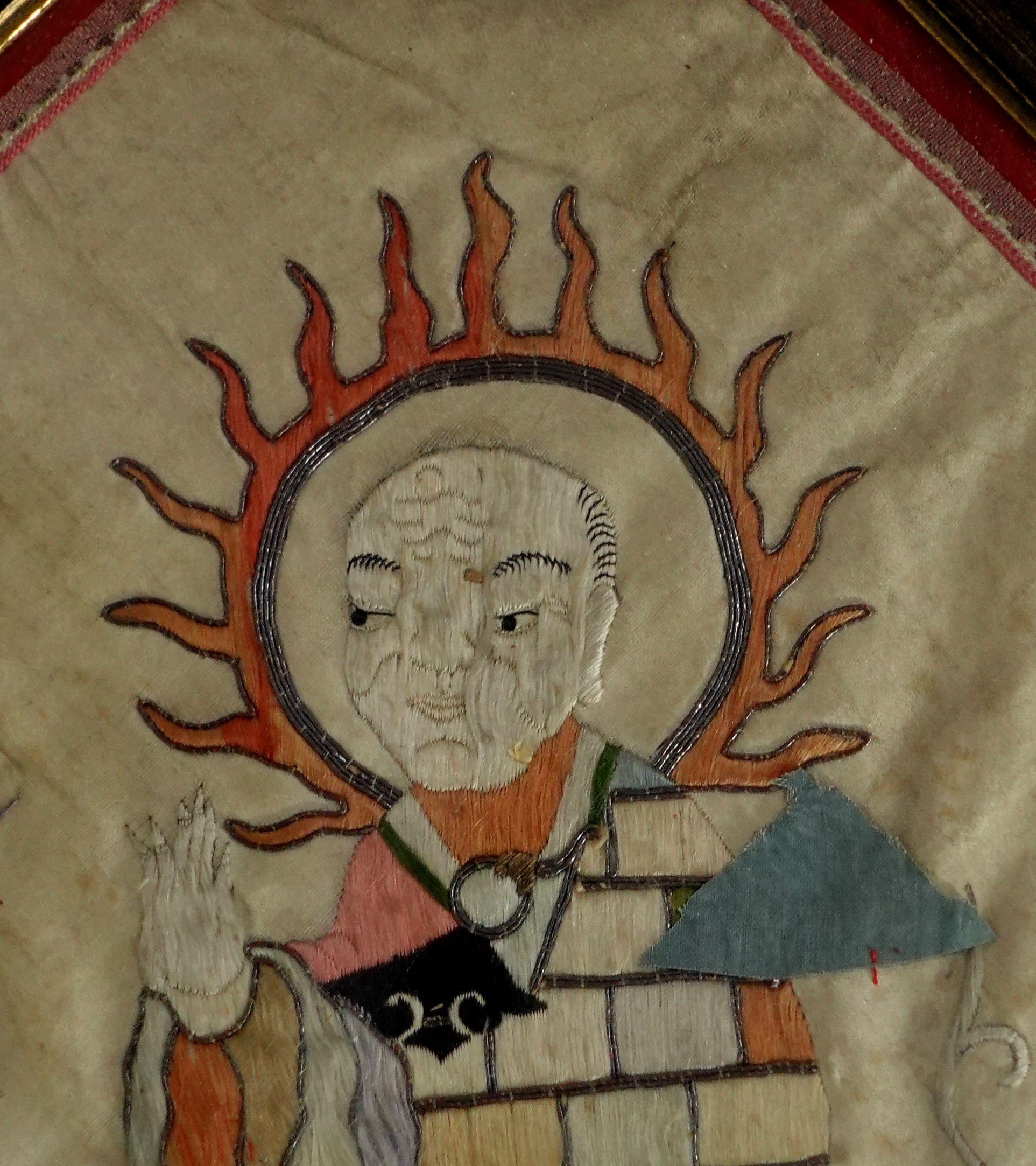 20th Century Antique Pair of Embroidered Panels of Buddhist Saint 'Lohans' For Sale