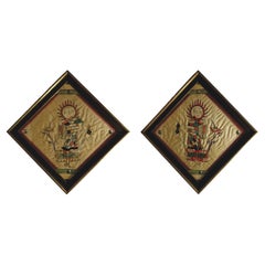 Antique Pair of Embroidered Panels of Buddhist Saint 'Lohans'