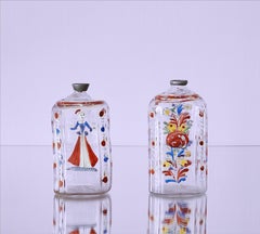 Antique Pair of Enameled Decorated Clear Glass Bottles, Germany, 18th Century