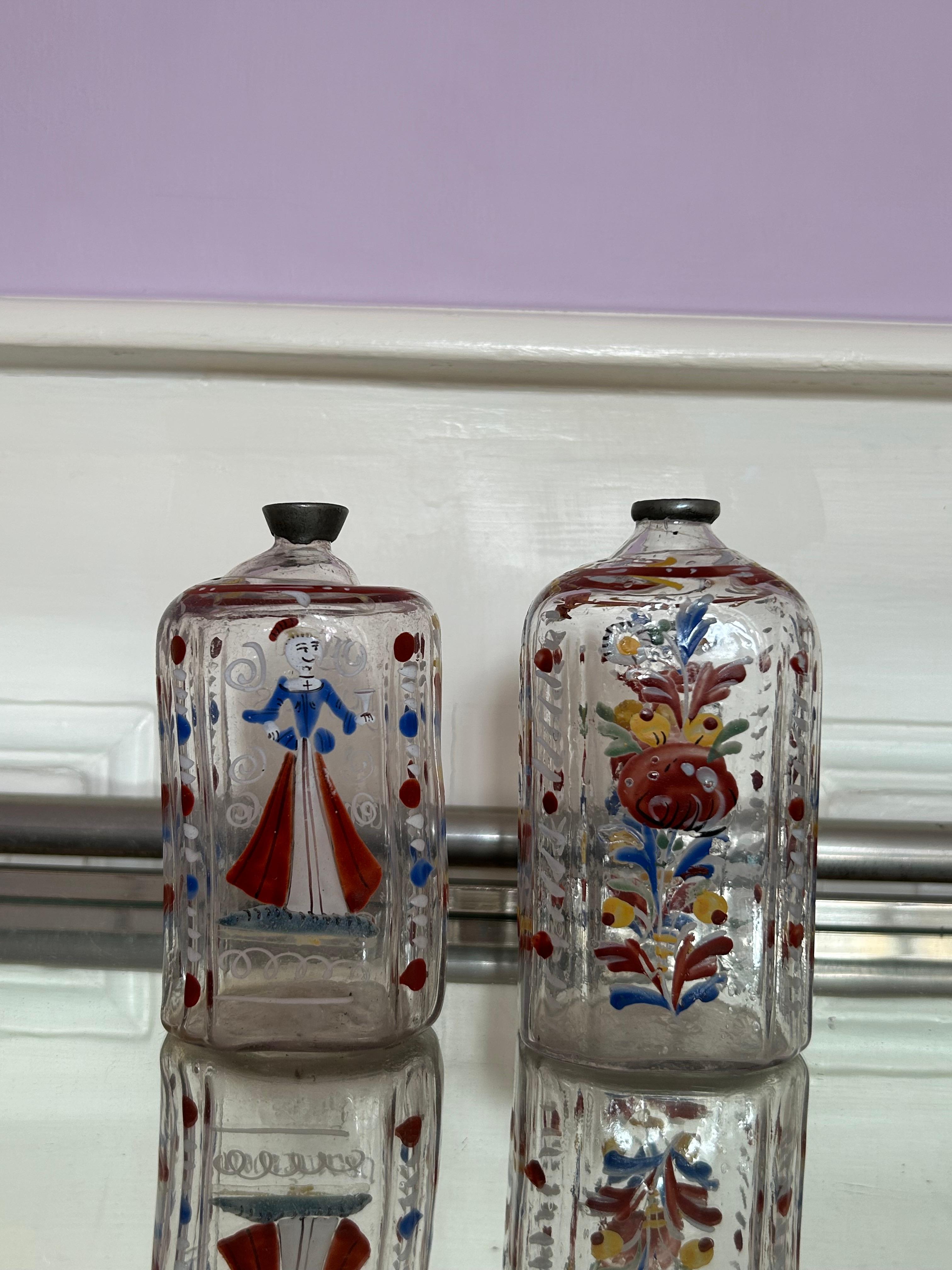 18th Century and Earlier Antique Pair of Enameled Decorated Clear Glass Bottles, Germany, 18th Century For Sale
