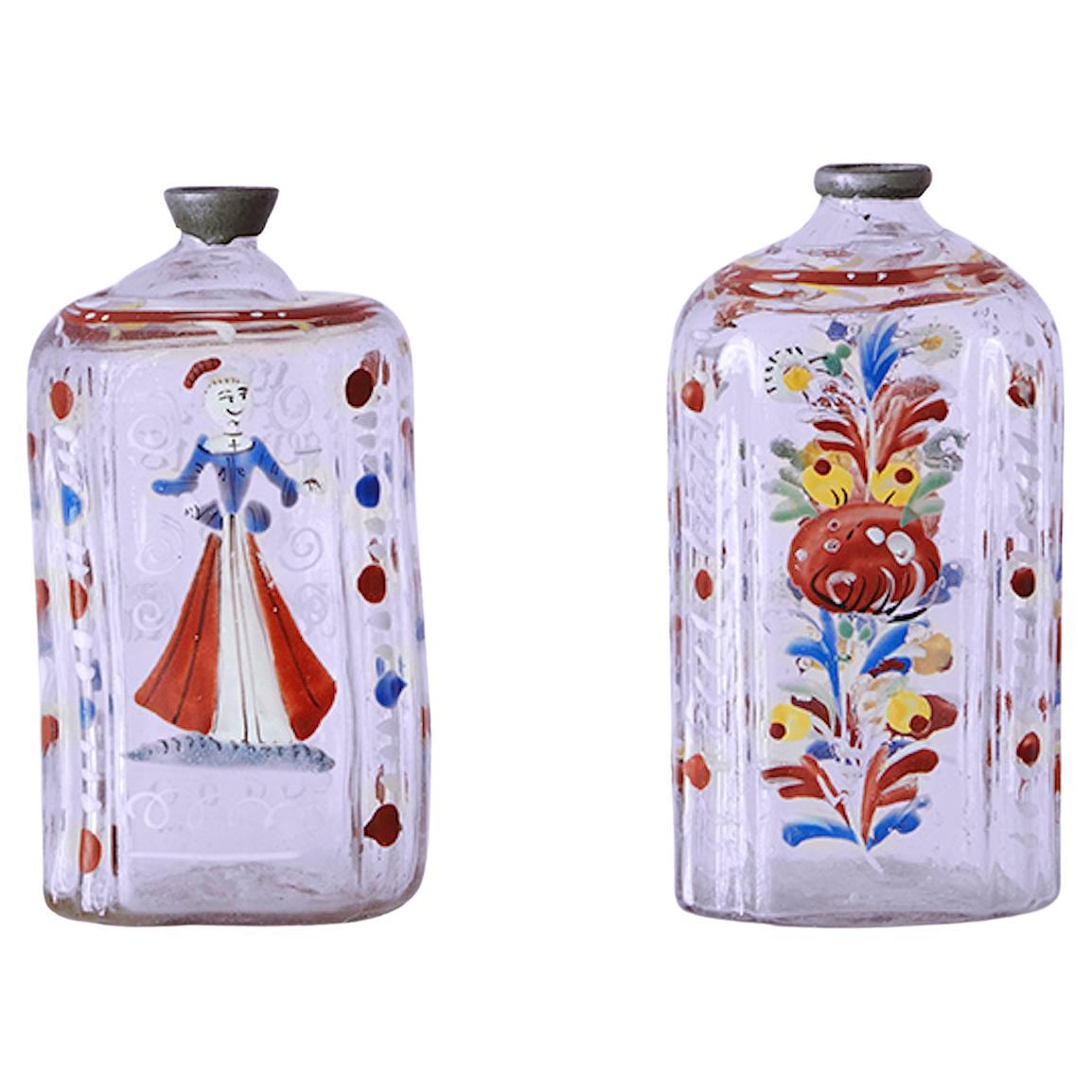 Antique Pair of Enameled Decorated Clear Glass Bottles, Germany, 18th Century For Sale