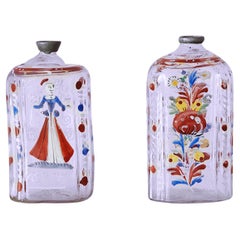 Antique Pair of Enameled Decorated Clear Glass Bottles, Germany, 18th Century
