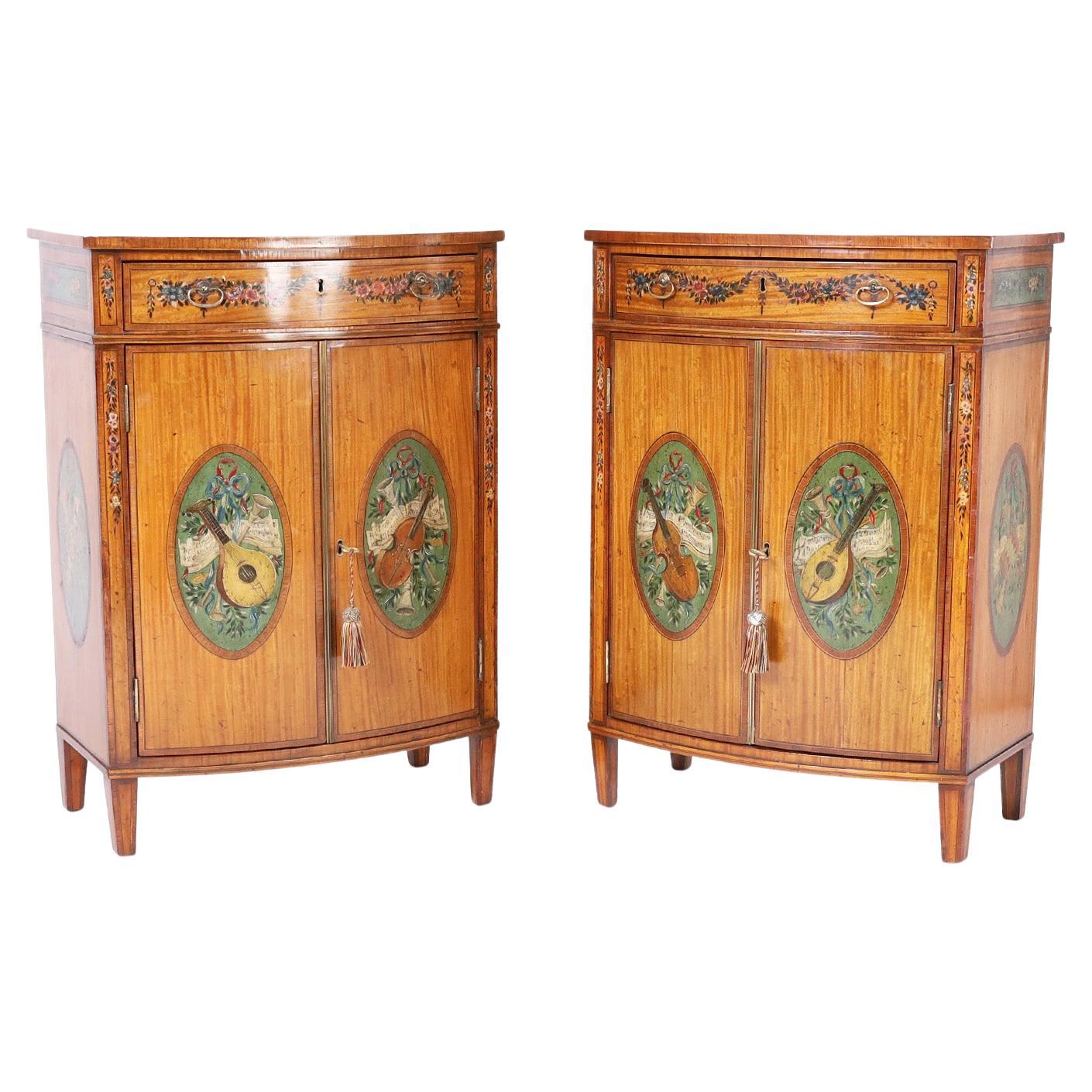 Antique Pair of English Adam Style Bow Front Cabinets