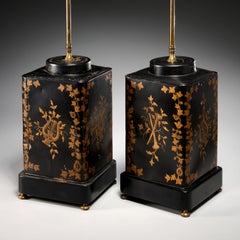Antique Pair of English Black and Gold Tole Tea Canisters Adapted to Table Lamps